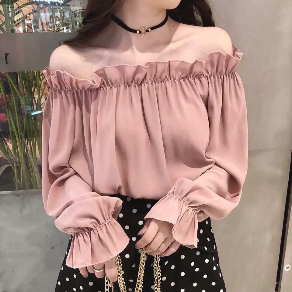 Áo bẹt vai phối tay xòe nữ tính TTS0245