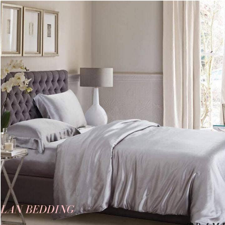 BỘ GA GIƯỜNG DRAP GỐI PHI LỤA MÀU BẠC KIM CAO CẤP LAN BEDDING