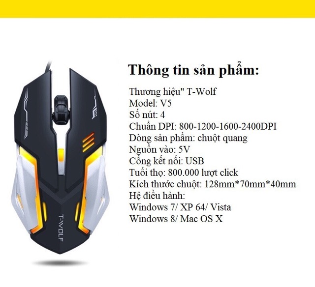 Chuột Máy Tính Mouse T - Wolf  V5 Led Game Có Dây Cổng Usb