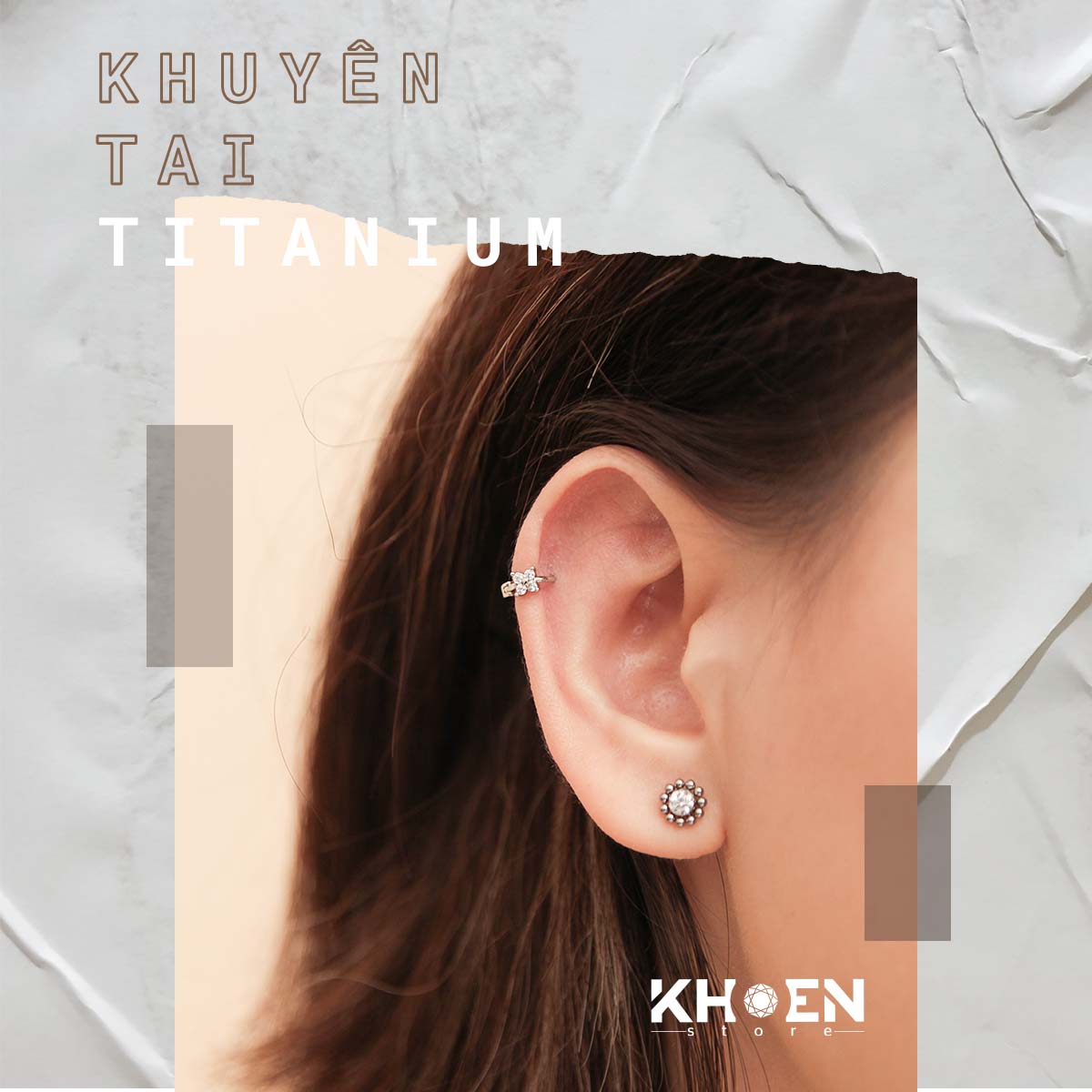 (1 chiếc) Khuyên Đá Tròn hoa văn - Titanium - Khoen Store