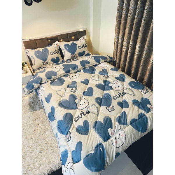 Bộ ga trải giường và vỏ gối chăn phao trần bông 5 món cotton poly