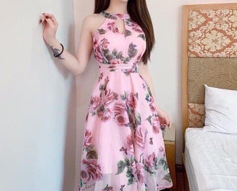 Đầm Nữ Voan Hoa Cổ Giọt Nước Dễ Thương Thời Trang