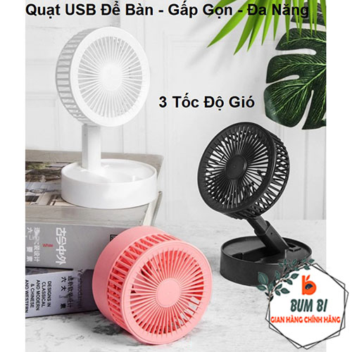 Quạt tích điện mini để bàn gấp gọn 3 cấp độ gió siêu mát, Quạt để bàn mini tích điện gấp gọn kèm giá đỡ điện thoại đa năng - BUMSTORE