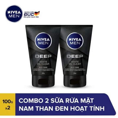 Sữa rửa mặt Nivea Men Deep White Oil Clear than đen hoạt tính (100g) [COMBO 2 TUÝP] sữa rửa mặt nam giới