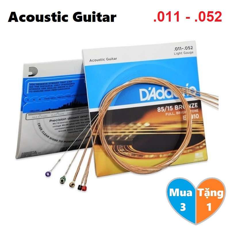 Bộ dây đàn guitar d'addario ez910 chất lượng cao - bộ dây đàn acoustic guitar cỡ 11 - dây đàn guitar acoustic d'addario ez910 size 11 - d'addario ez910 bronze light , 85/15 acoustic guitar strings - dây đàn guitar ze910