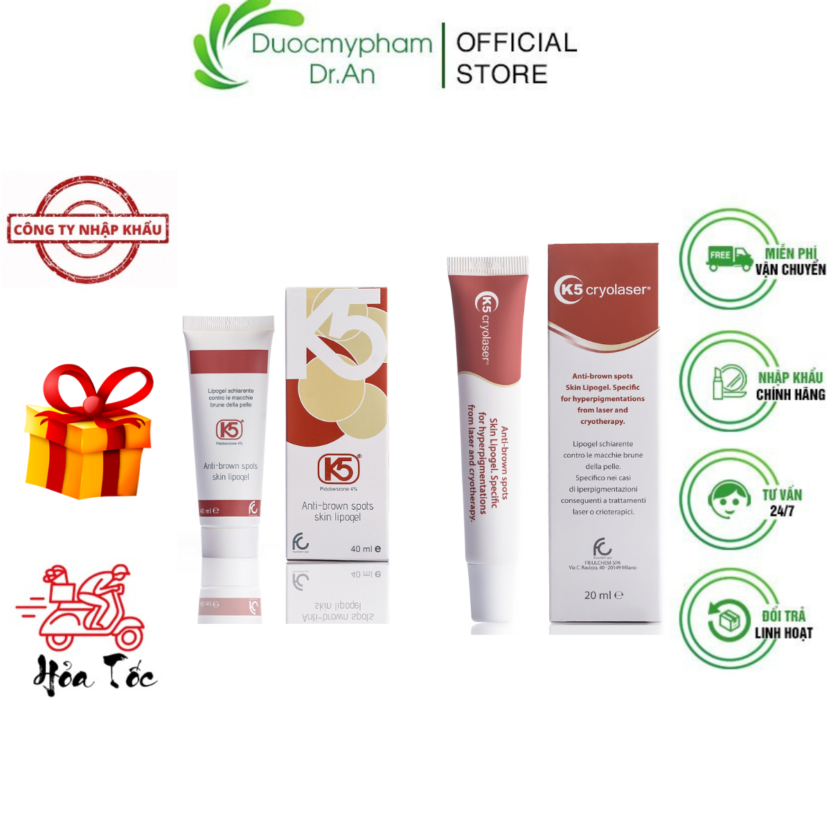 HÀNG NHẬP KHẨU - Kem Giảm Nám K5 Lipogel/K5 Cryolaser, Giảm Sạm, Tàn Nhang, Nám Mảng, Nám Chân Sâu, Nám Sau Sinh, Ngăn Tăng Sắc Tố Nám Sau Laser - Hoạt Chất Độc Quyền Pidobenzone - DuocmyphamDrAn