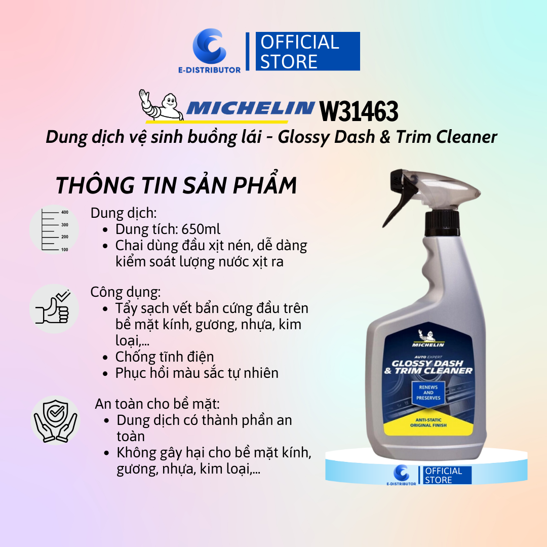 Dung dịch vệ sinh nội thất ô tô michelin dash & trim cleaner w31463 - 650ml - hàng chính hãng