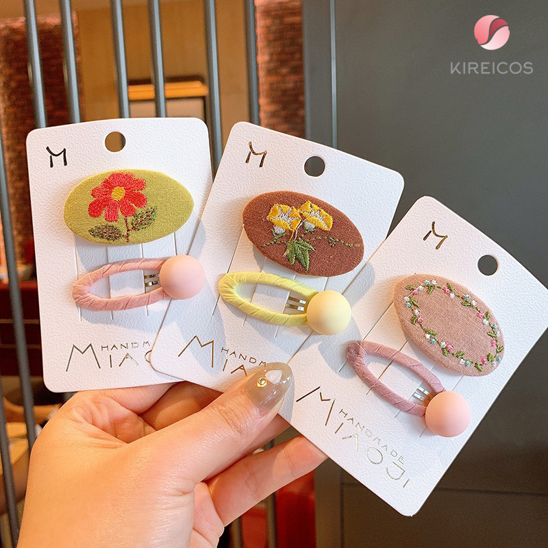 [HCM]Set 2 Kẹp Tóc Thêu Hoa Và Kẹp Bấm Tóc Màu Macaroon - kireicos