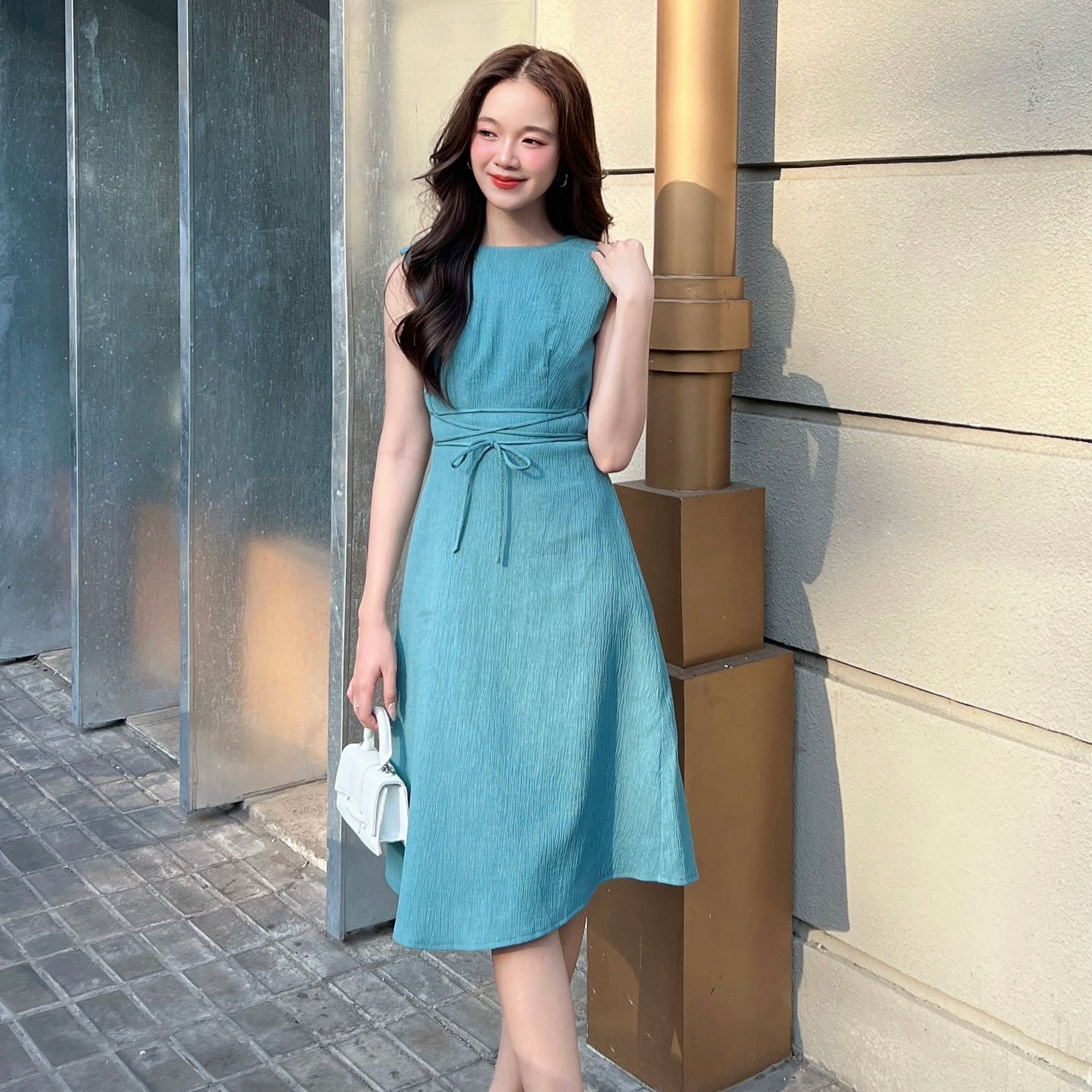 Voucher siêu sale 15% olv - đầm trơn chữ a cột dây eo 2 màu dress