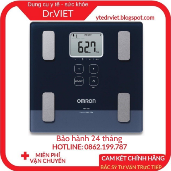 Máy đo lượng mỡ cơ thể Omron HBF-224: Máy đo thành phần cơ thể,cân nặng, chỉ số khối cơ thể, tỷ lệ cơ xương, mỡ nội tạng, mức chuyển hóa, tuổi cơ thể, lưu dữ liệu 4 người, Hiển thị chỉ số khối cơ thể- Drviet