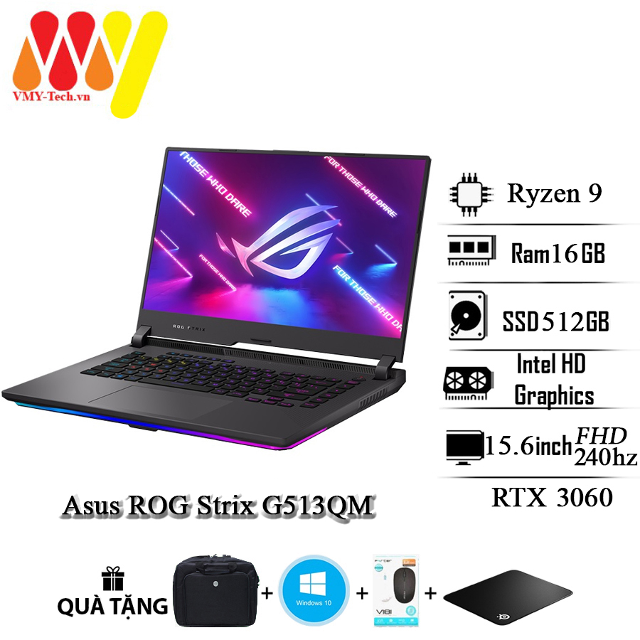 Asus rog strix g513qm gaming laptop, ryzen 9-5900hx, 16gb ram, 512gb ssd, 15.6inch fullhd 240hz screen, vga rtx 3060, laptop accessory set included