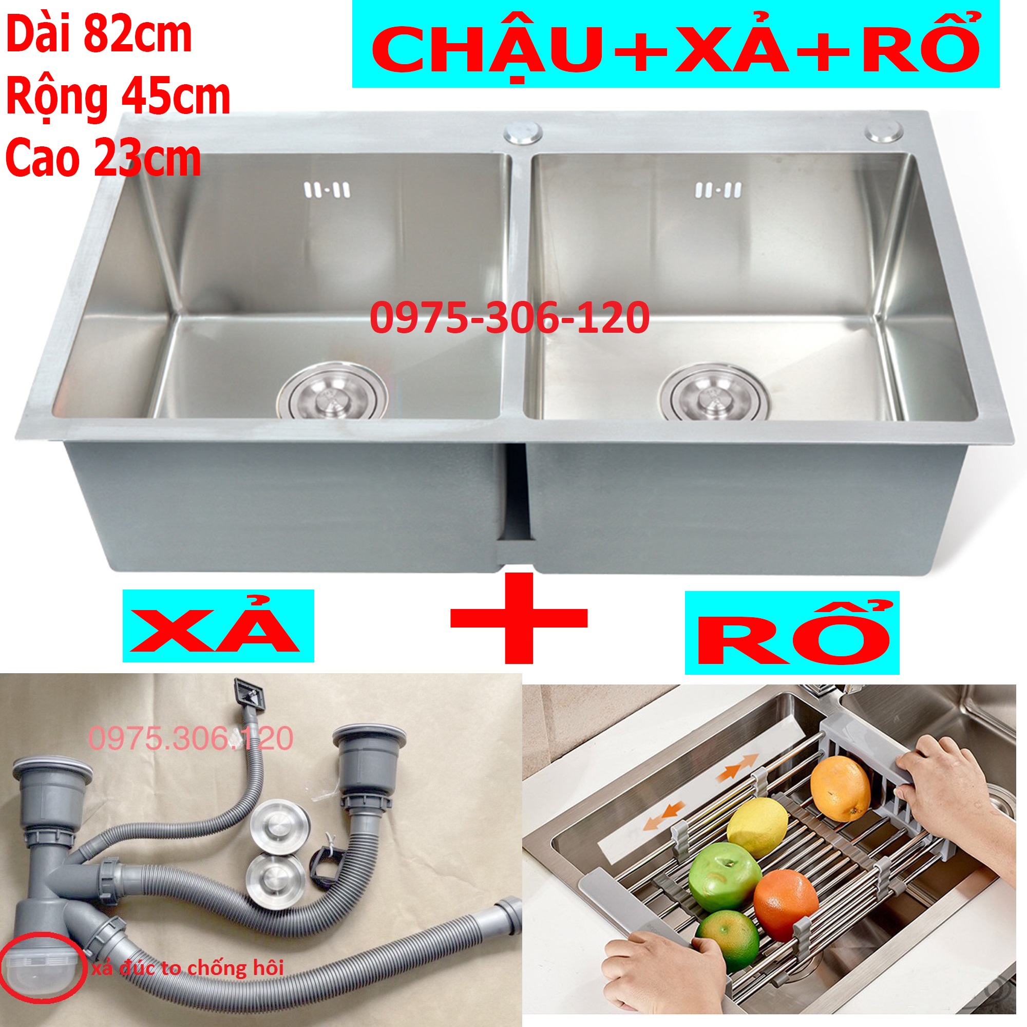 [CHẬU ĐÚC] Combo Chậu Rửa Chén Bát INOX 304 N5 8245 NA.GRAND và Rổ Rửa Đa Năng và Xả chậu Thoát Nước