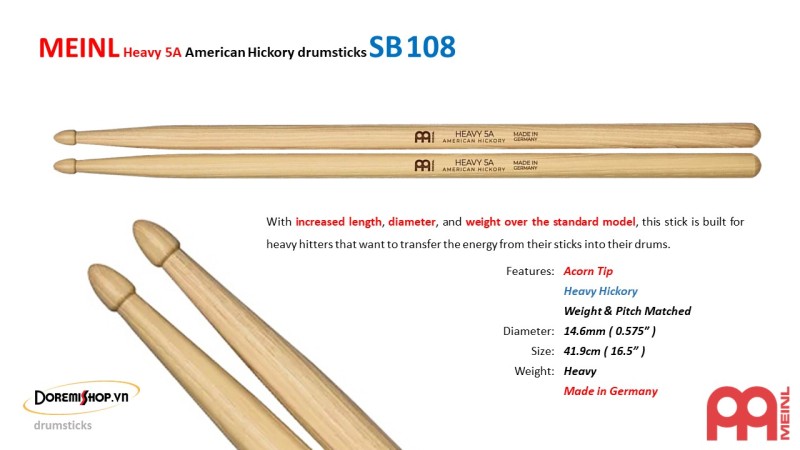 MEINL Heavy 5A American Hickory drumsticks SB108