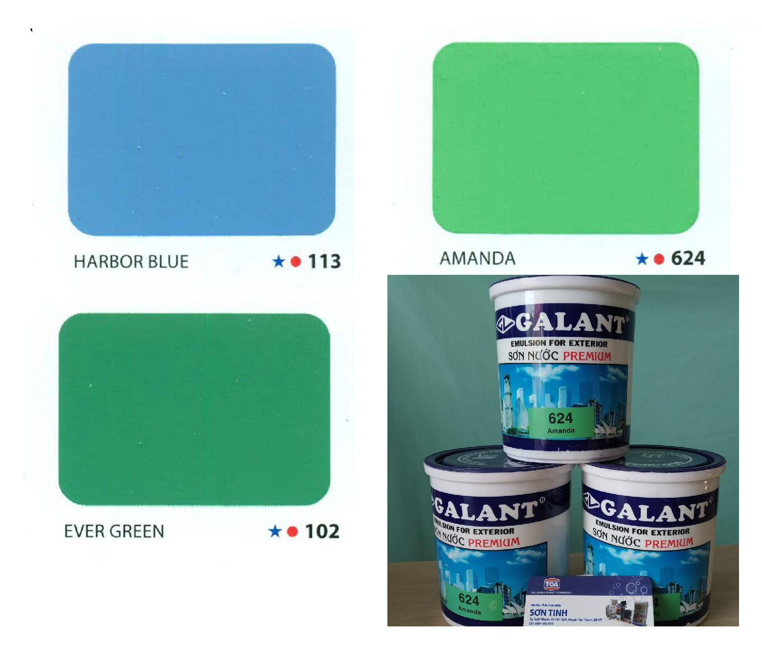 Sơn nước ngoại thất galant 17.5 lít ( Sơn nước Premium Galant màu xanh dương 113 , xanh lá 102 , xanh ngọc đậm 624 ), sơn tượng tường phào chỉ thạch cao bê tông