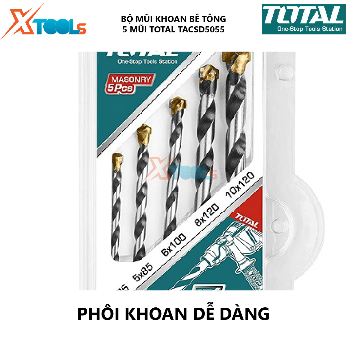 Bộ 5 mũi khoan bê tông TOTAL TACSD5055 combo 5 mũi đục bê tông Gồm 5 kích thước giúp hỗ trợ khoét lỗ trên bề mặt vật liệu như sắt, thép, gỗ, bê tông