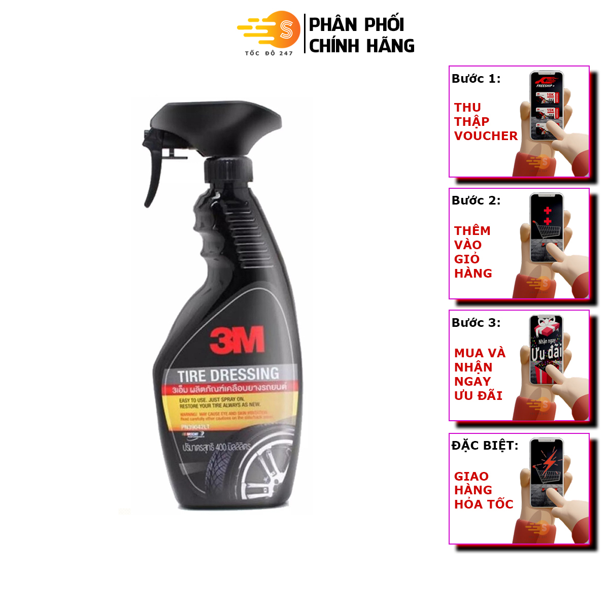 Bộ 3 sản phẩm 3M hàng Thái Lan bao gồm chai xịt bảo dưỡng nội thất 39040LT, chai xịt bảo dưỡng lốp xe 39042LT và chai xịt tăng độ bóng sơn xe 39034LT - chăm sóc toàn diện, giá rẻ, hàng chất lượng cao, an toàn cho xe