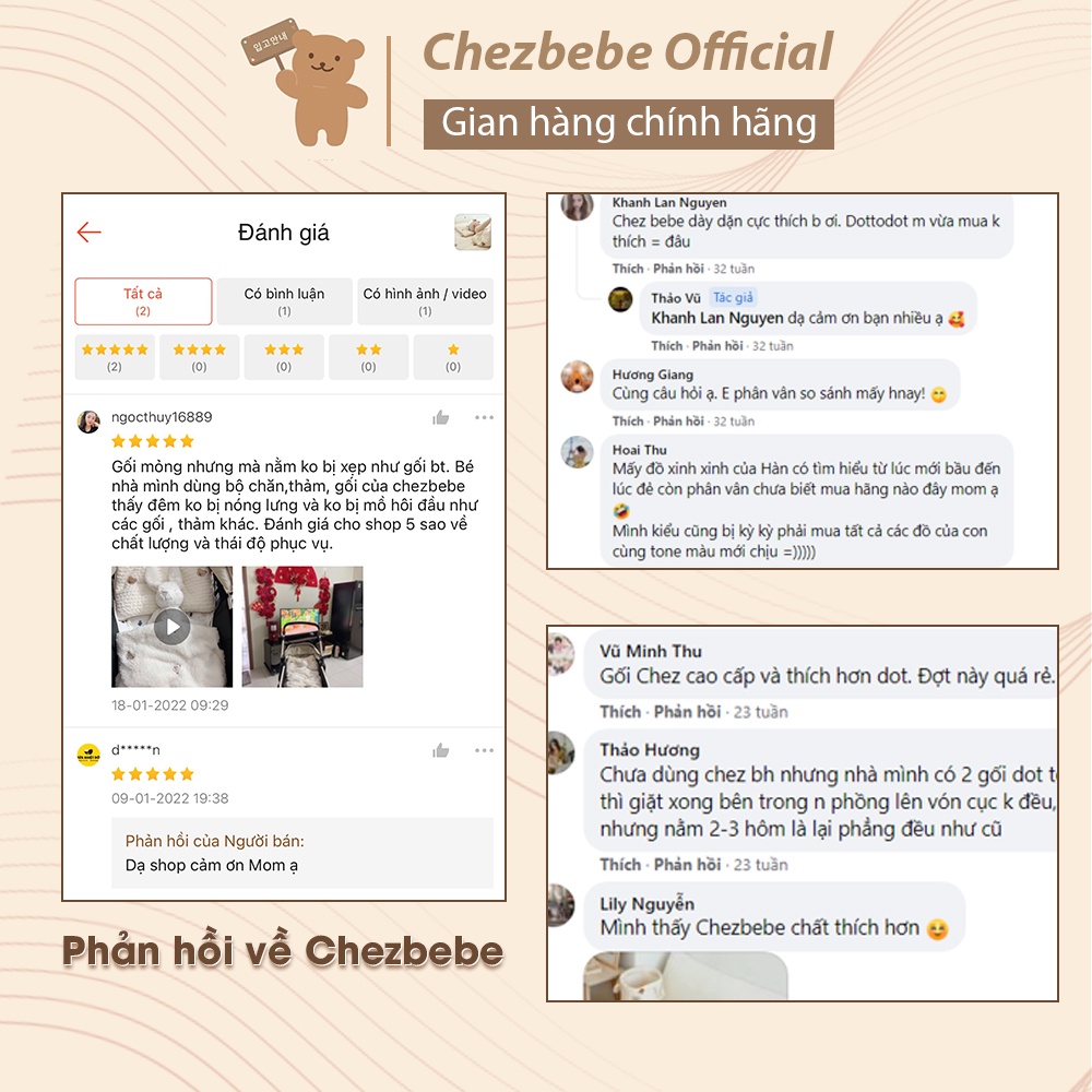 Gối mỏng Chezbebe thêu gấu Shegomi (chính hãng _Hàn Quốc)