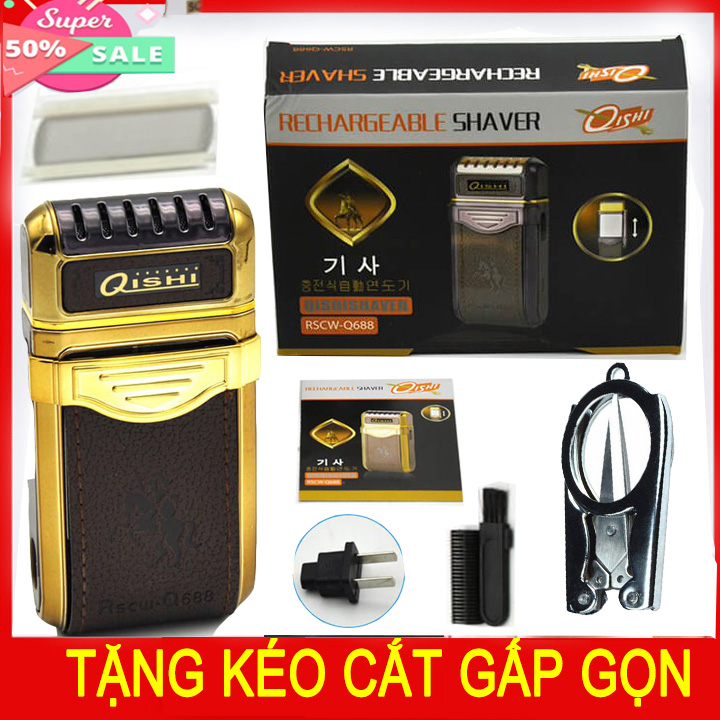 Máy cạo râu qishi q688 bọc da tặng kéo cắt đa năng gấp gọn tiện lợi