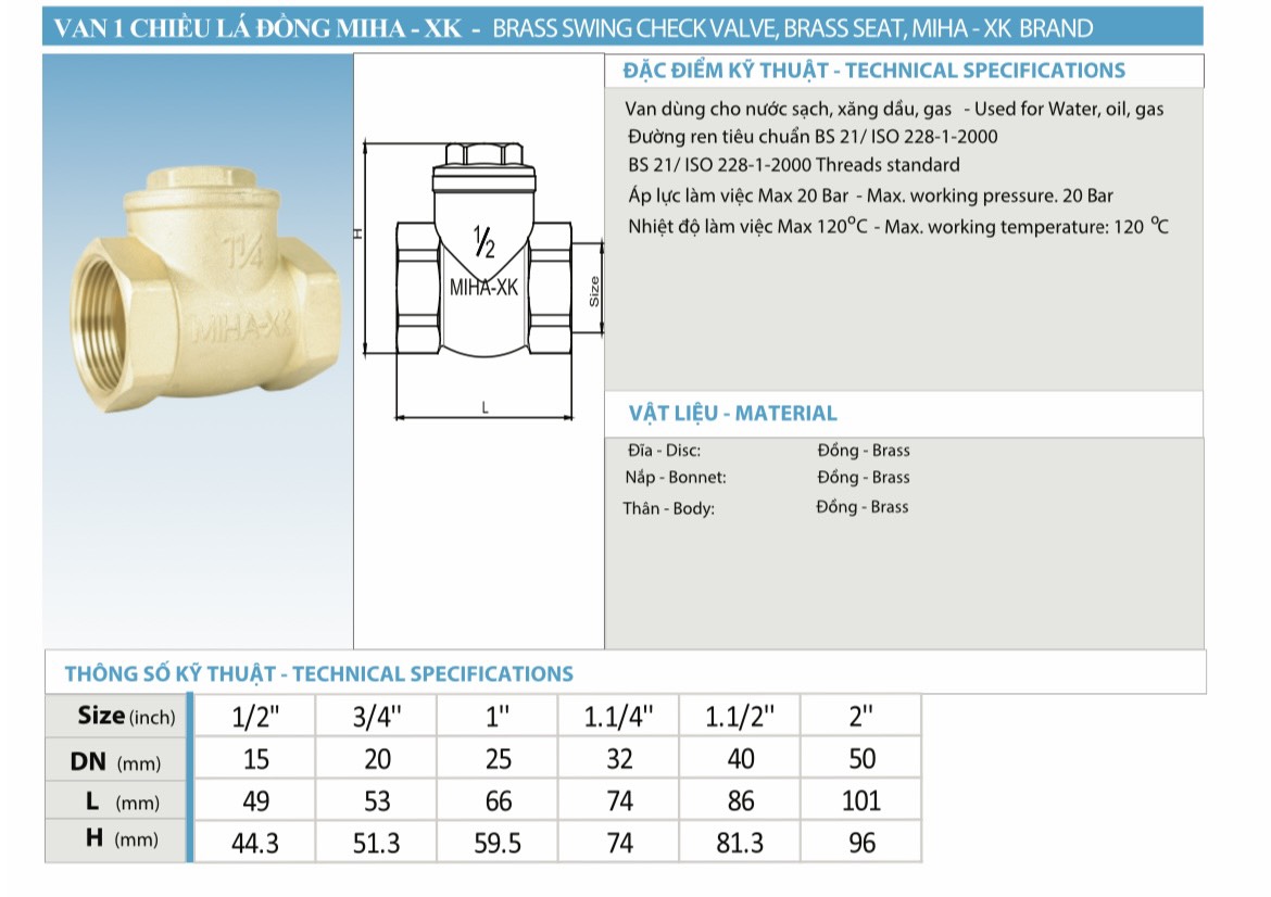 Van 1 chiều lá lật MBV dn15(1/2''), dn20(3/4''), dn25(1'') đồng cao cấp