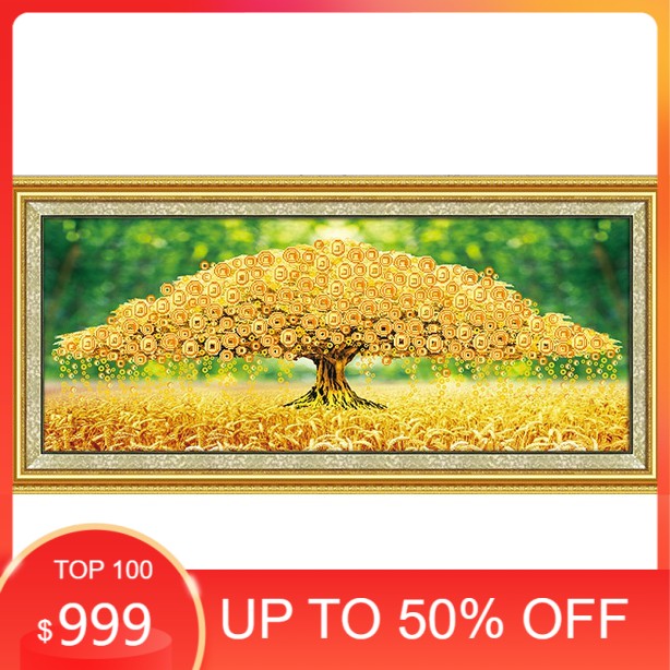 Tranh Đính Đá CÂY TIỀN TÀI LỘC (ĐÁ ABC CAO CẤP). Kích Thước: 1m5 x 65cm