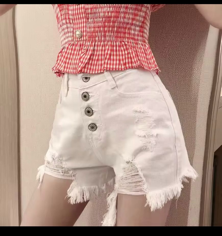 Quần sooc denim rách quần jean cạp cao 4 nút 2 màu đen trắng