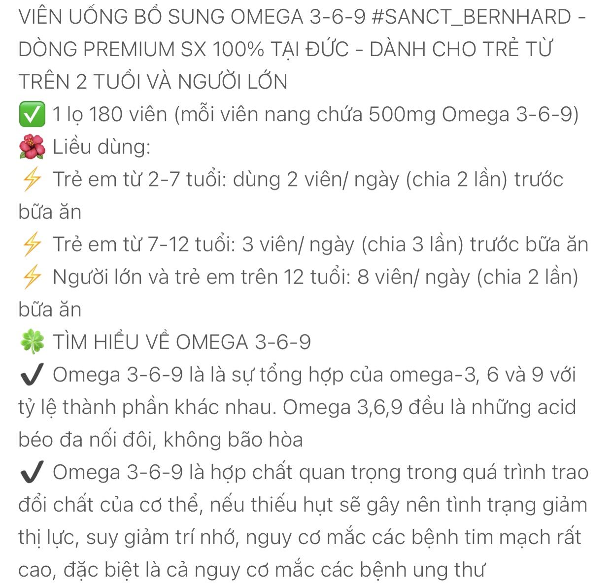 Omega 3-6-9 Sanct Bernhard - 180viên (hàng Đức đủ Bill)