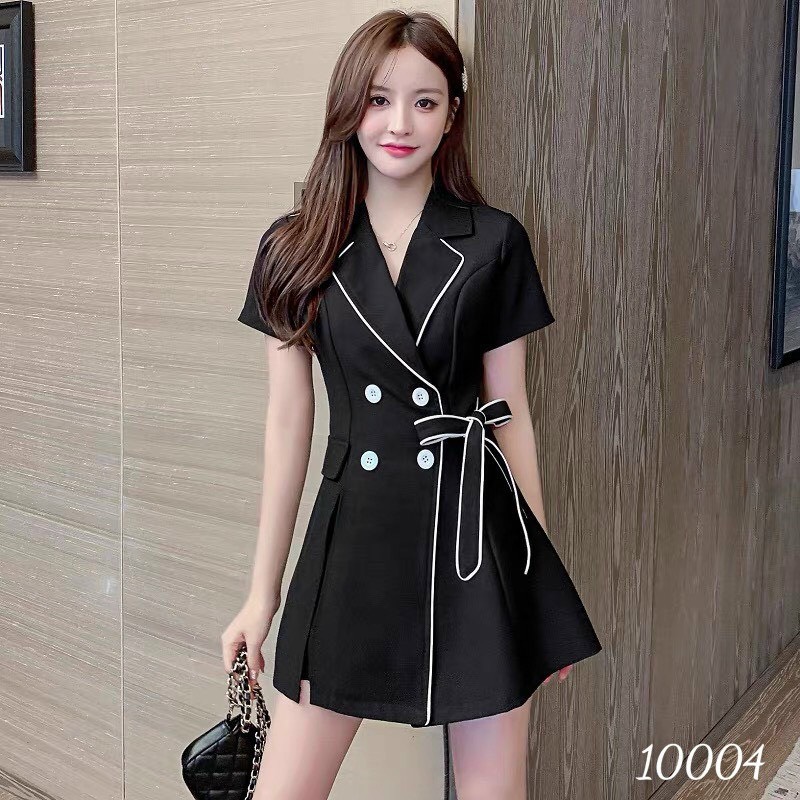 Sét bộ đùi dạo phố cổ vest phối nút cột nơ eo