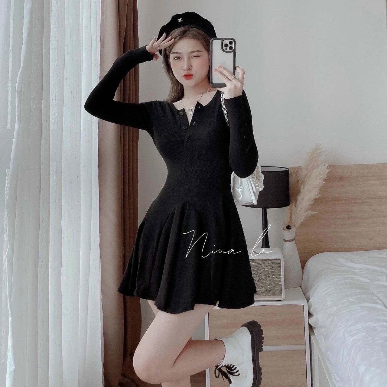 Đầm thun gân tay dài cổ cài nút co giãn thoải mái dễ thuownng ssmsdx368