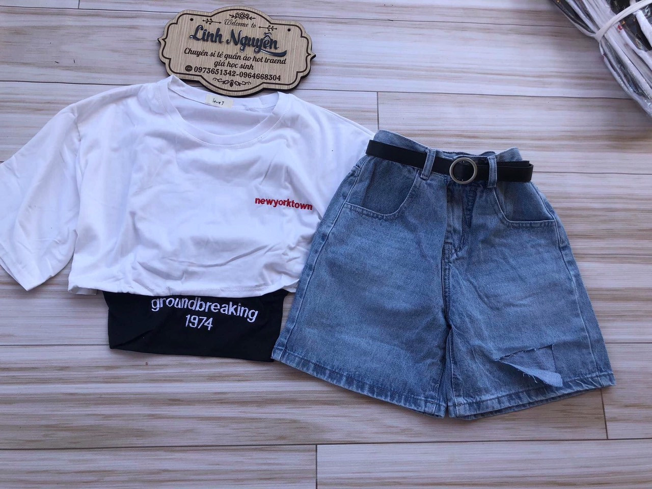 Quần ngố rách + set áo croptop trắng