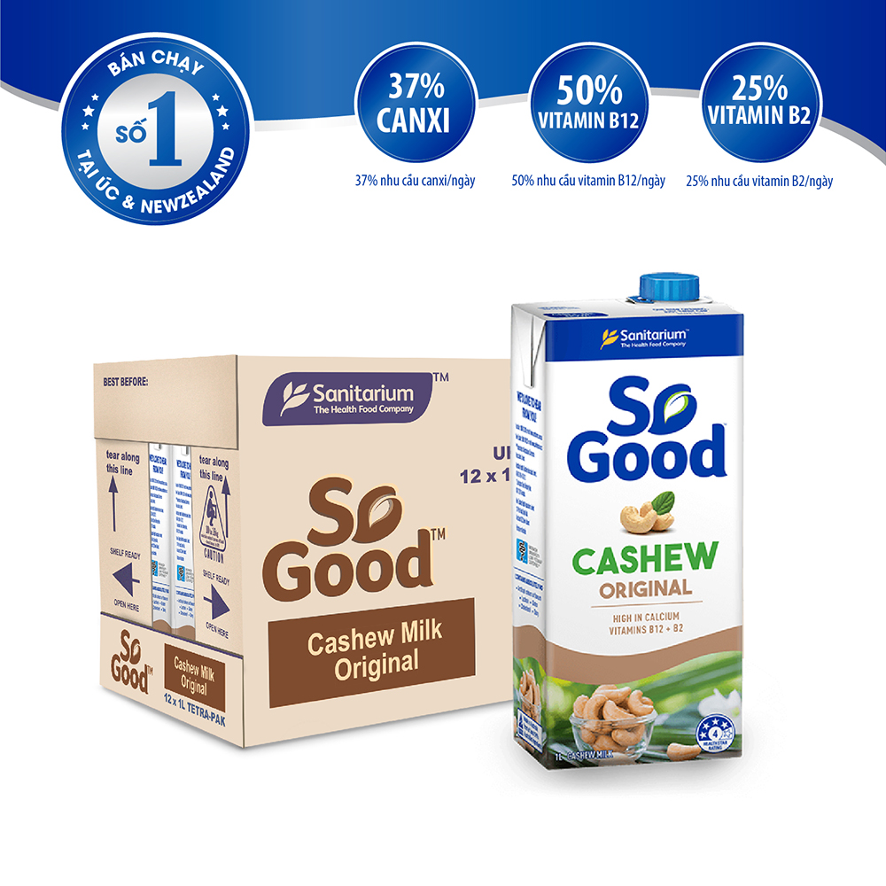 Thùng 12 hộp 1L sữa hạt điều So Good, làm từ hạt điều Úc, calo thấp,ít ngọt, sản xuất tại Úc HSD. 21/05/2022