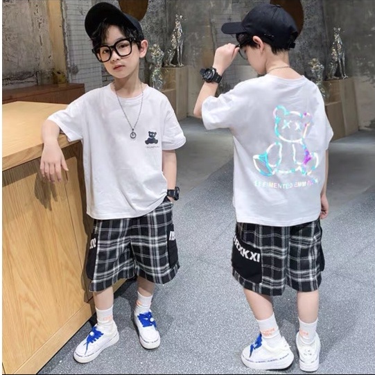 HOÀN TIỀN 20% - Bộ bé trai Con Xinh cotton Gấu phản quang 7 màu phối quần caroset quần áo trẻ em từ 5 đến 14 tuổi
