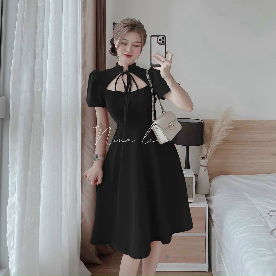 đầm xòe cổ cột nơ xinh xắn