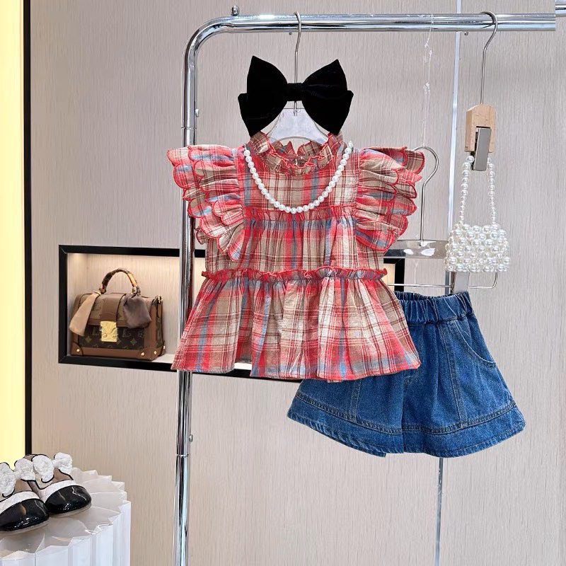 Sét áo kẻ bánh bèo kèm quần jean cho bé gái
