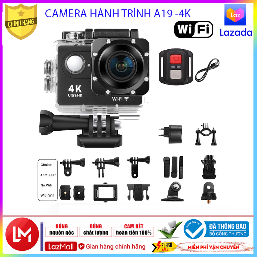CAMERA HÀNH TRÌNH A19,Camera 4K Ultra HD Có REMOTE - Camera Hành Trình Mini Chống Nước - Camera phượt thể thao - Chống Rung Tự Động Lấy Nét - Bảo Hành Lỗi 1 Đổi 1
