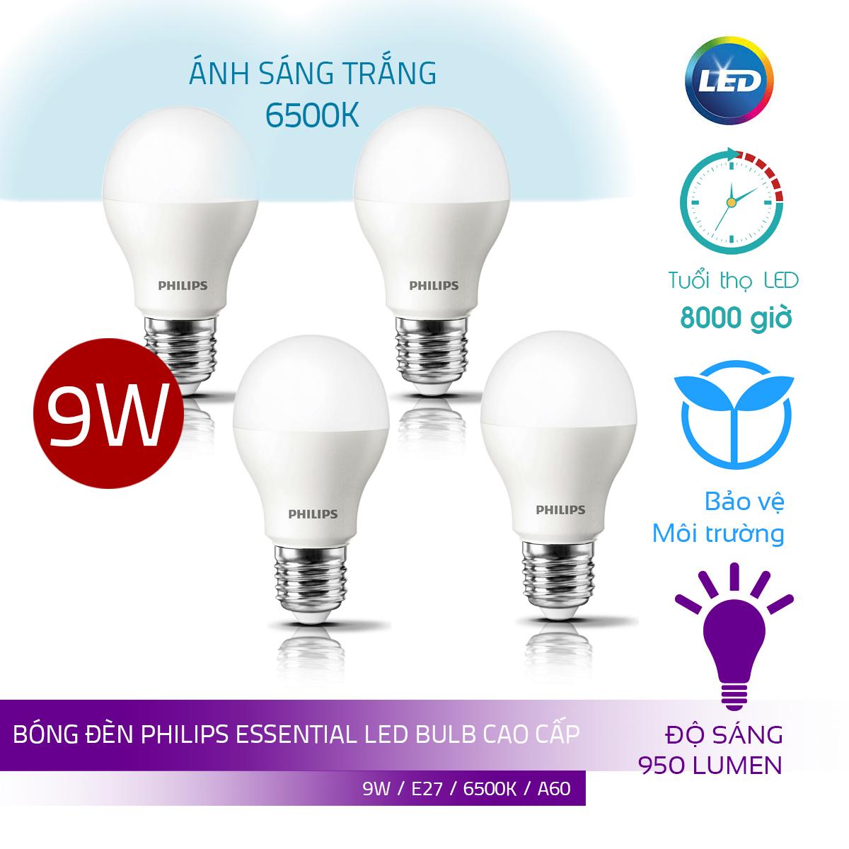 Combo 4 Bóng Philips LED Bulb Essential 9W E27 ( Ánh sáng trắng 6500K)