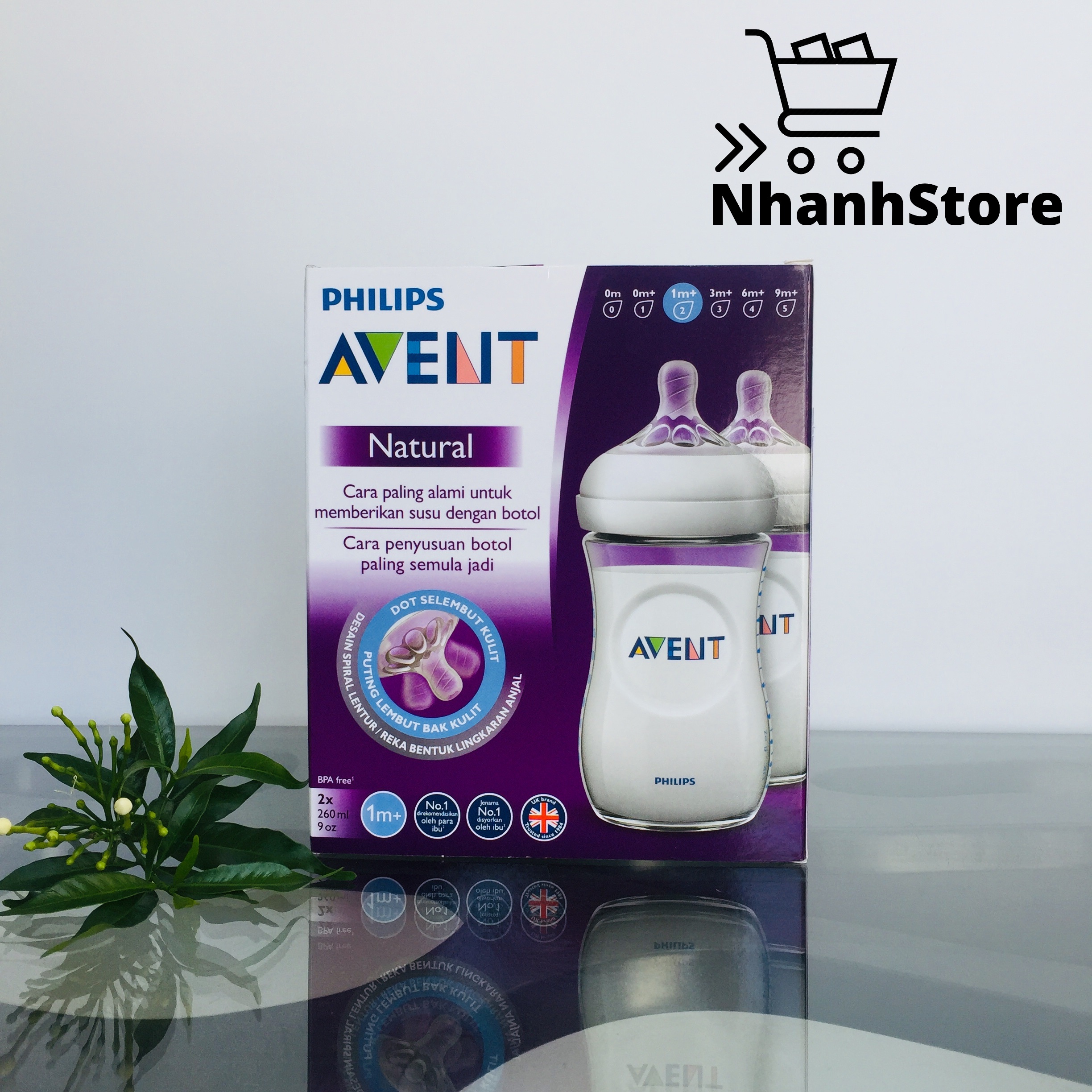 Bình sữa Avent Nautural 260ml [Núm số 2, 1m+] [Màu trắng trong]