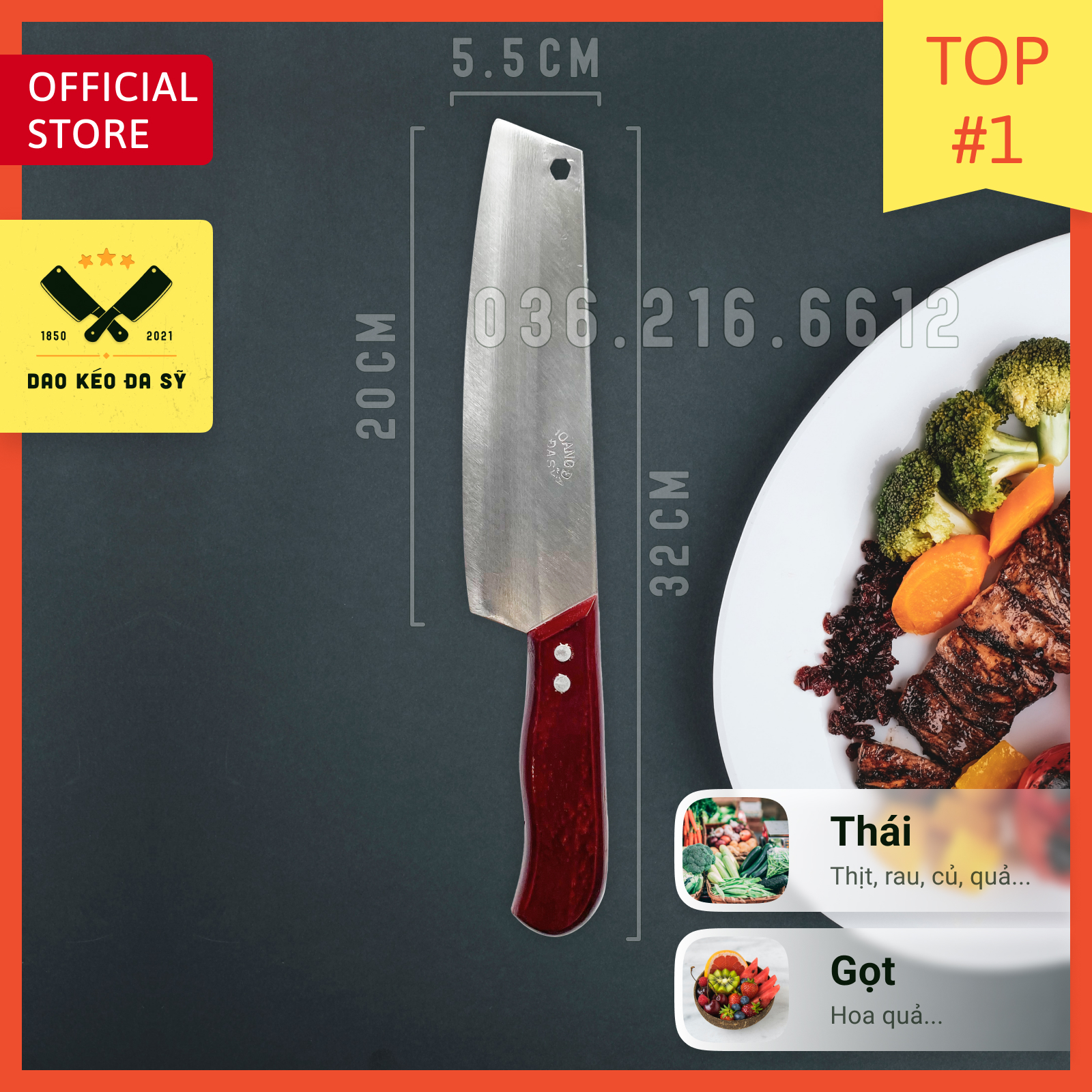 Dao Đa Sỹ, Dao Bài Thái cán ốp thái thịt, thái rau thép Nhật trắng không gỉ