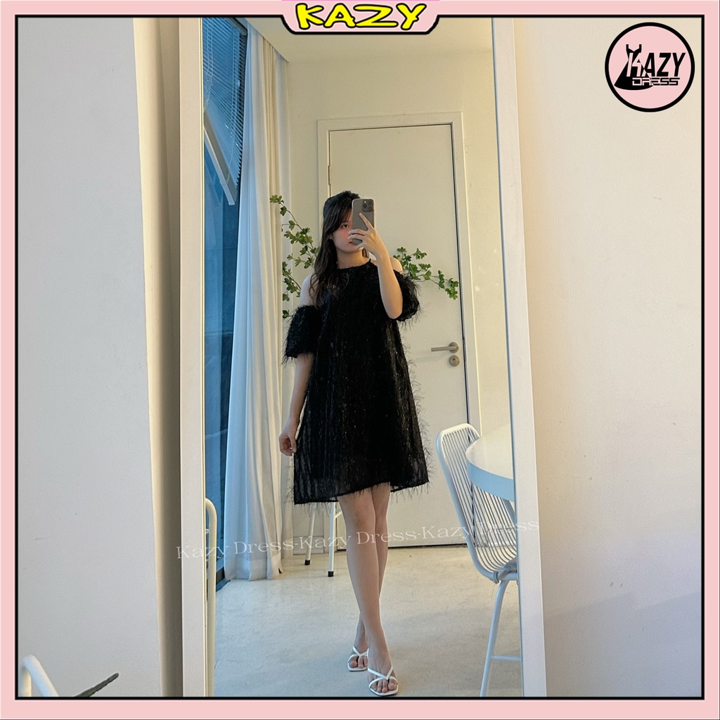 HOÀN TIỀN 15% - Váy cổ yếm trễ vai tơ lông mềm mịn phong cách tiểu thư KAZY DRESS V047