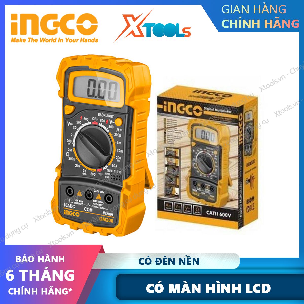 Đồng hồ đo điện vạn năng INGCO DM200 Đồng hồ đa năng Màn hình LCD 1999 số đếm. có đèn nền XTOOLs