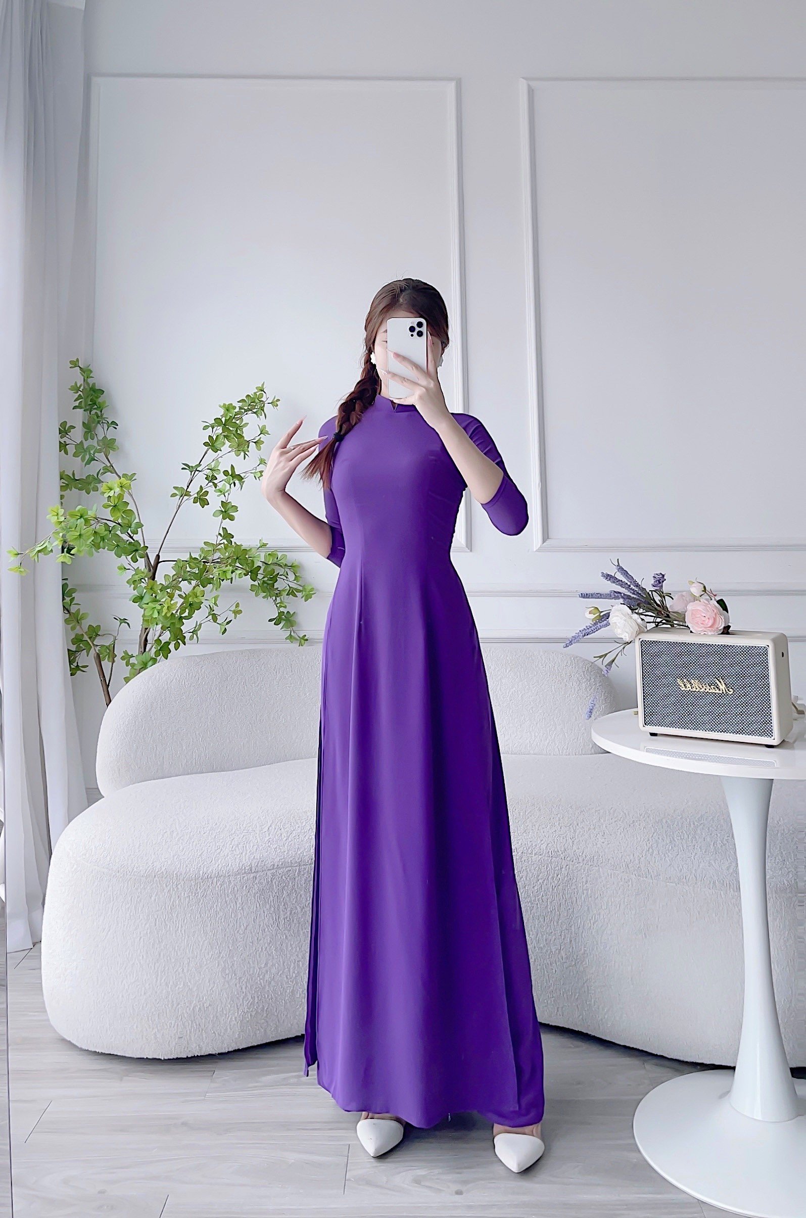 Áo dài, áo dài trơn tím huế 4 tà cao cấp áo dài truyền thống đủ size từ 40-70kg MÃ T23