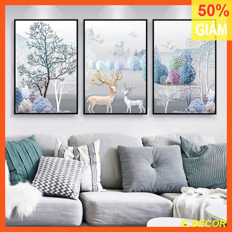 Tranh treo tường 3 bức phong cách hiện đại - Bắc Âu GG08A, tranh trang trí phòng khách, phòng ngủ, phòng ăn, spa, trang trí nhà cửa, tranh decor, tranh con hươu