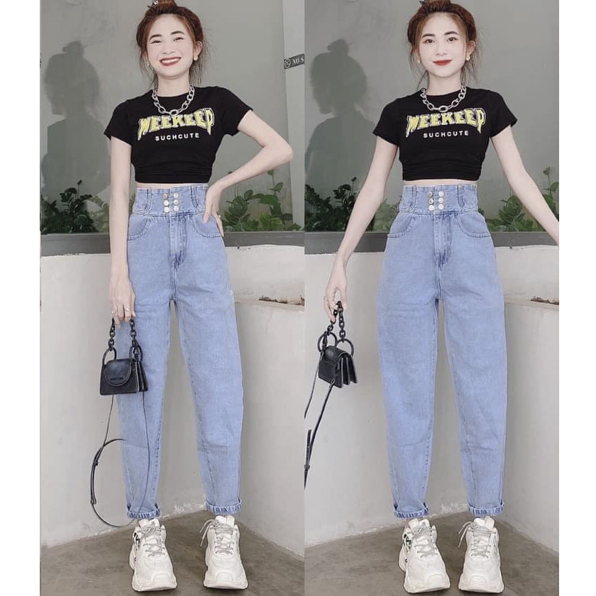 Quần baggy jean nữ lưng siêu cao 2 hàng nút ) chất bò xanh trơn siêu  hot tại Pinky79shop bg03