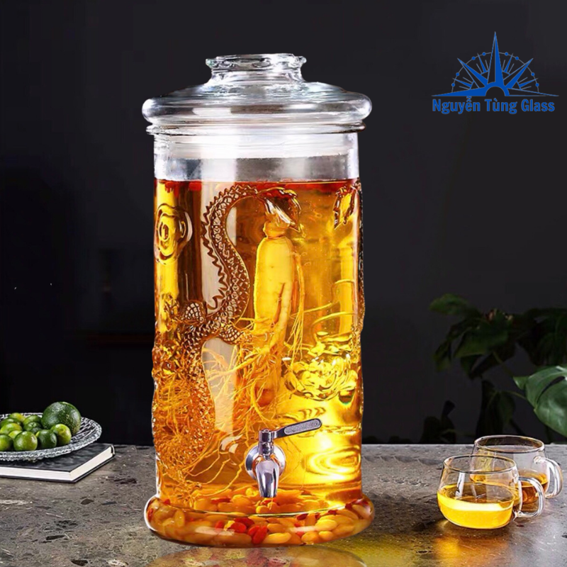 Bình Thủy Tinh Trụ Rồng Ngâm Rươu 8 Lít (Có Vòi)