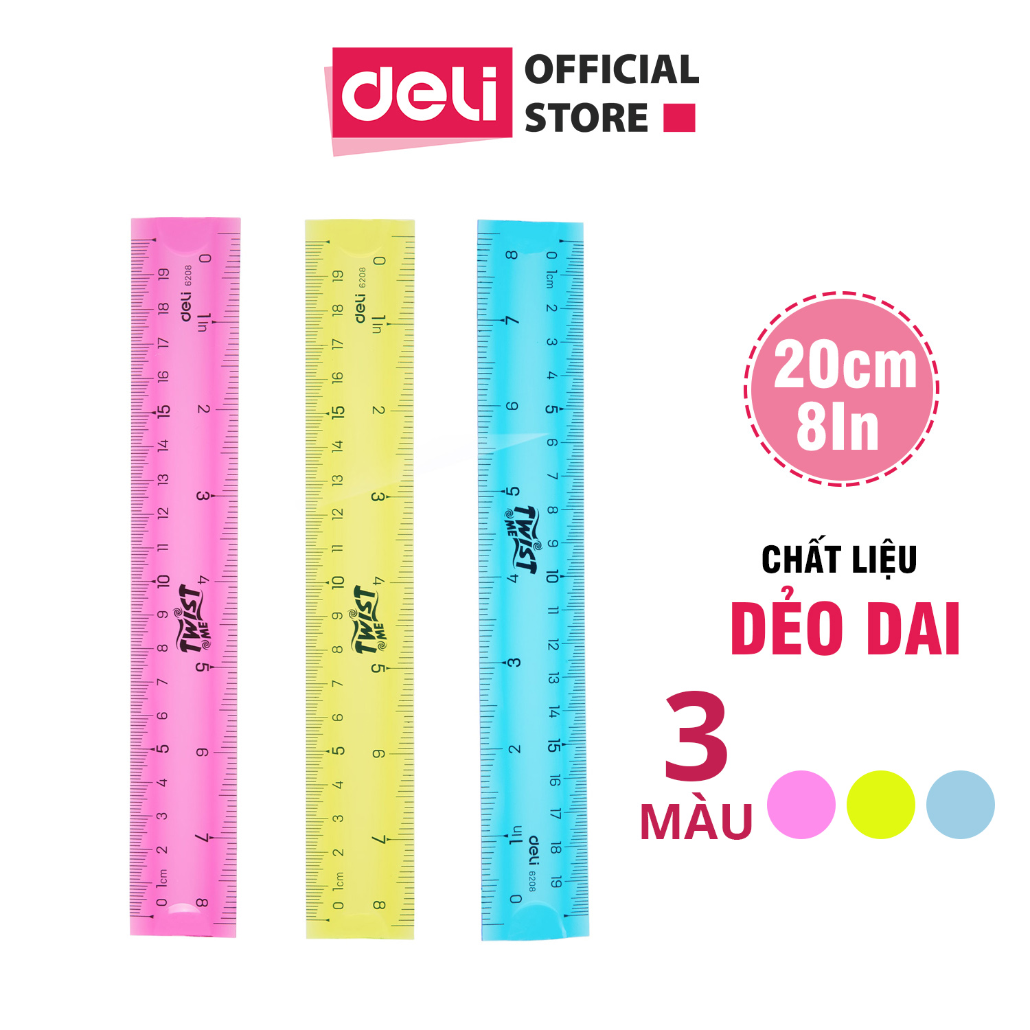 Thước kẻ nhựa dẻo EcoPVC 20cm Deli - Màu ngẫu nhiên - 2 chiếc - E6208