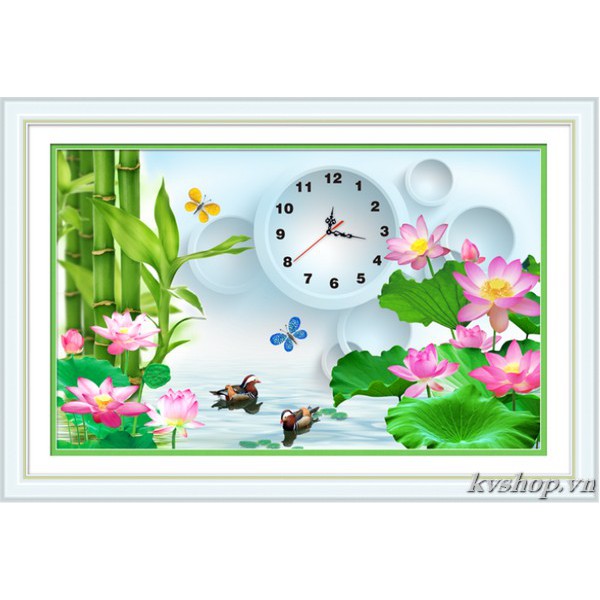 Tranh đính đá đồng hồ hoa sen . kích thước: 60cm x 40cm