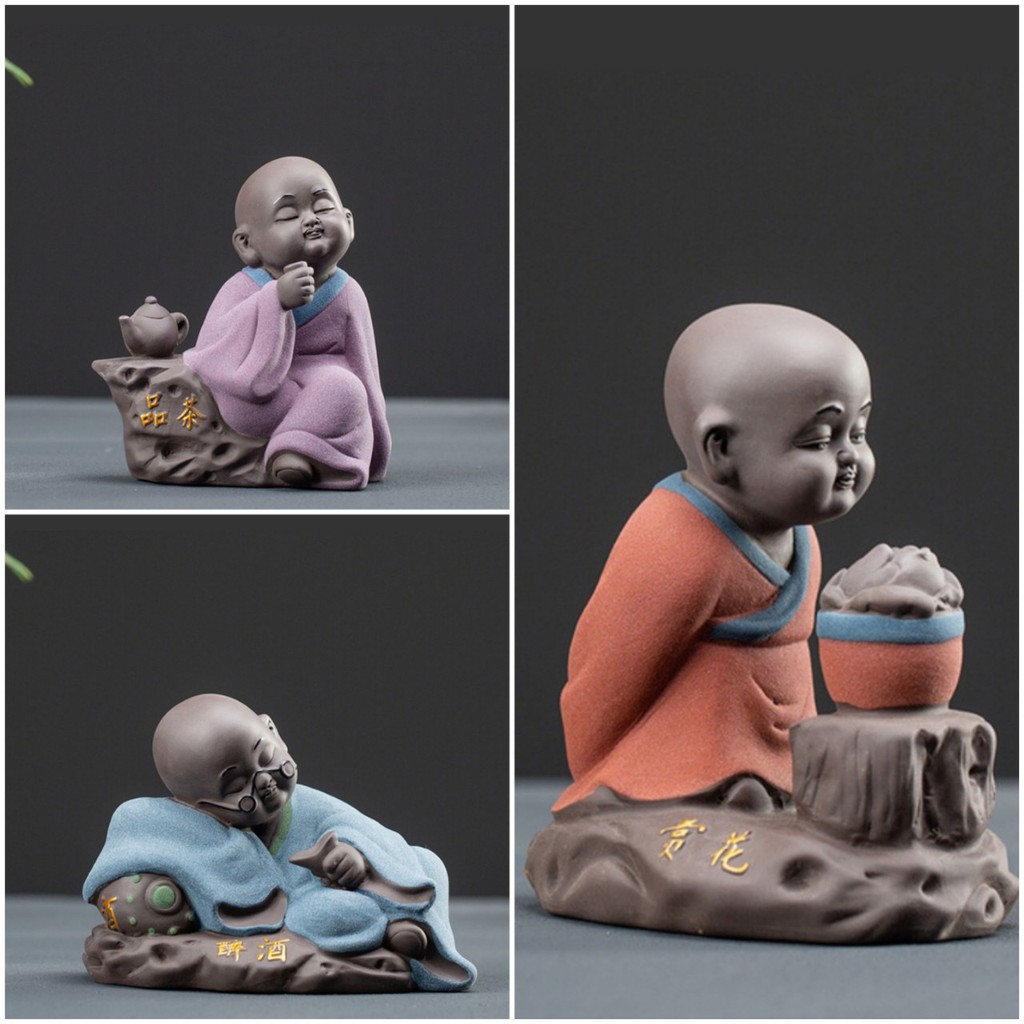 Tượng chú tiểu để bàn trà - tượng trang trí gốm tử sa cao cấp, chất liệu gốm sứ tử sa cao cấp, tạo hình ngộ nghĩnh, dễ thương, các chi tiết tỉ mỉ sắc nét