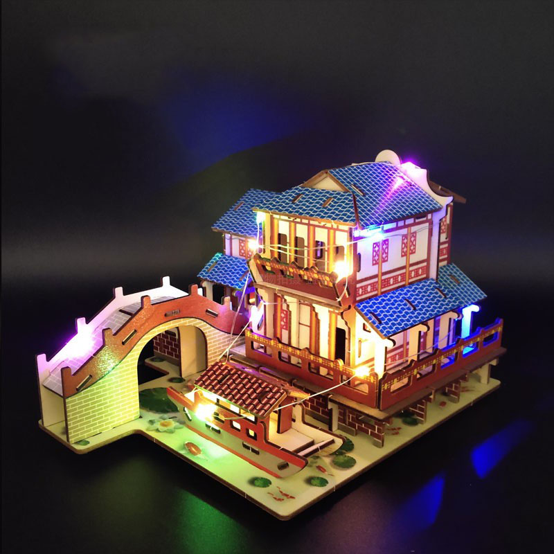 đồ chơi lắp ráp gỗ 3d mô hình nhà cổ laser bzq-054 kèm đèn led 1