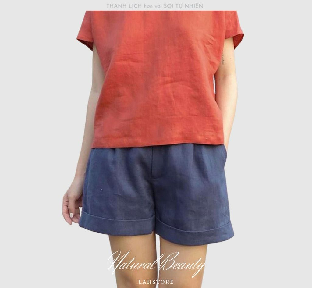 SLINEN - Quần đùi nữ linen ống rộng xắn gấu lưng thun