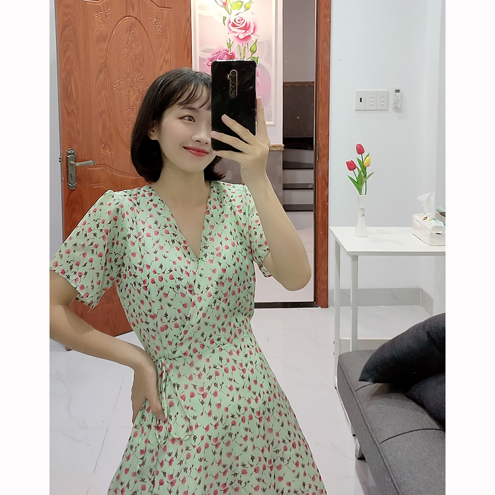 Đầm váy nữ hoa dáng xoè cổ chữ V thắt eo dễ thương RD045