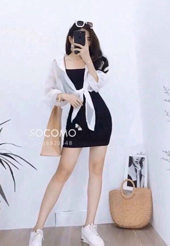 ( ẢNH THẬT ) áo sơ mi voan trắng kèm đầm 2 dây ôm body đen 89  thời trang nữ cực chất, PHUONGMART